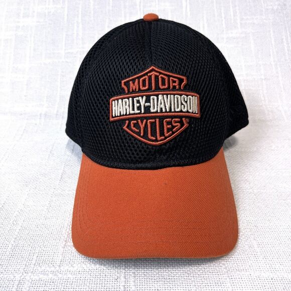 New Era Harley Davidson Shield Logo Mesh Fitted Hat L/XL Black Orange Biker - Picture 1 of 9